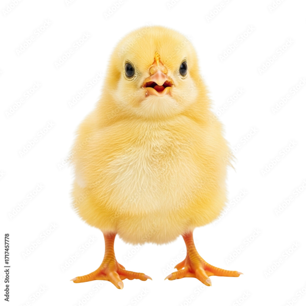 Obraz premium Adorable fluffy yellow chick standing on white background