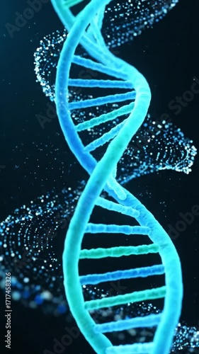 A glowing blue and green DNA double helix molecule with swirling particles on a dark background.