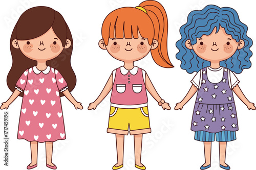 Cute cartoon girls illustration, three children characters, stylish outfits, holding hands, happy friendship, colorful dresses, playful design, adorable kids vector art