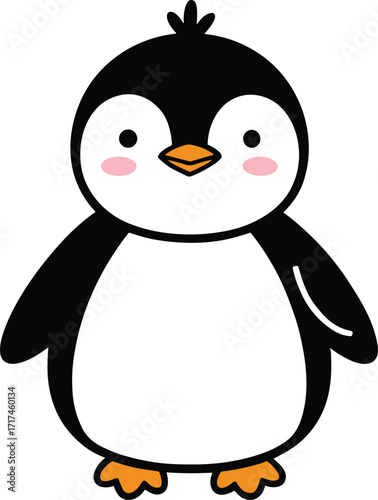 Cute cartoon penguin character, arctic animal illustration, black and white penguin, smiling face, simple design, isolated on white background.