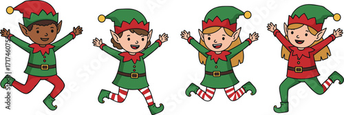 Cute Christmas elves jumping with joy, festive cartoon children in holiday costumes, happy Santa helpers illustration, playful celebration, cheerful holiday characters