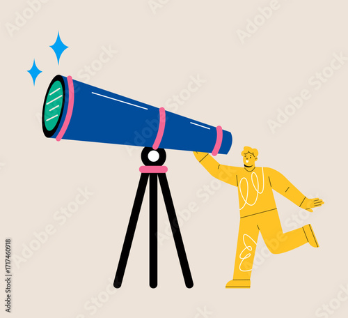 Man looks at something with big telescope. Colorful vector illustration