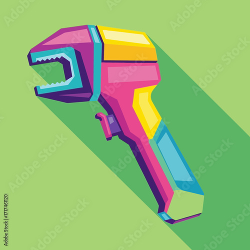 Colorful adjustable wrench tool illustration with long shadow on green background.