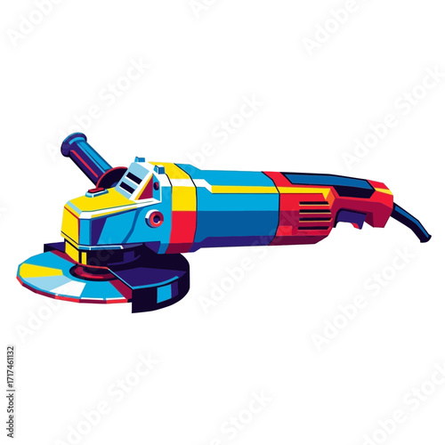 Colorful angle grinder tool with handle and power cord on a white background.
