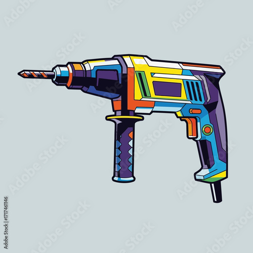 Colorful electric drill tool with handle against a light blue background.