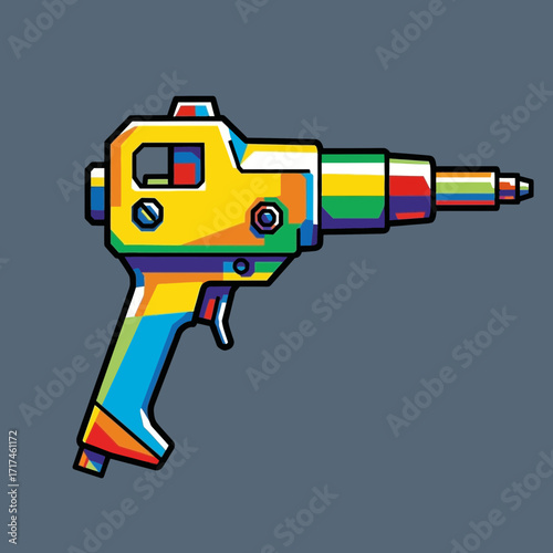 Cartoon style rainbow colored ray gun on a gray background.