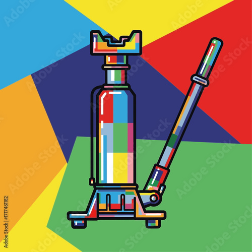Colorful illustration of a hydraulic jack against a multicolored geometric background.