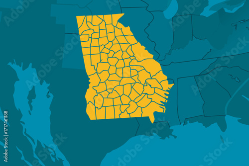 Map of Georgia, USA, highlighted in yellow over a dark blue background illustration