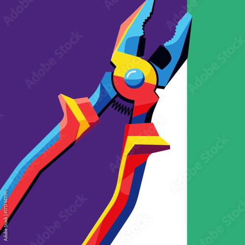 Cartoon illustration of pliers with colorful handles and a purple background.