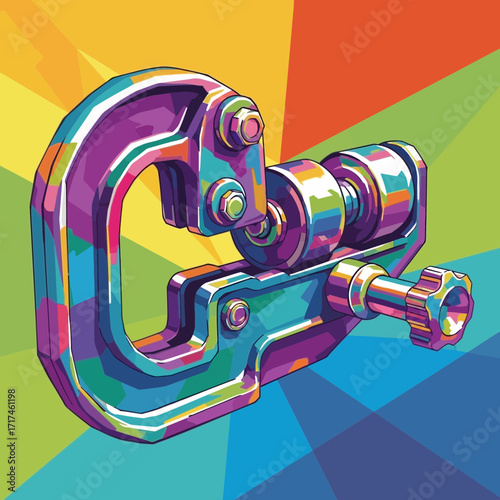 Metal clamp illustration against a vibrant multicolored background with rainbow hues.