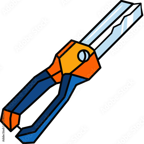 Cartoon illustration of pliers with blue handles and orange accents on white.