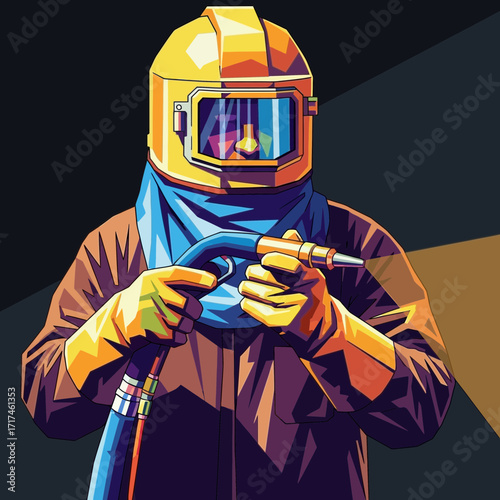 Worker wearing protective gear holds a tool in an industrial setting.