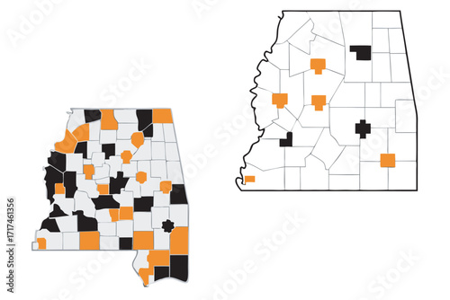 Mississippi And Tennessee Counties Map With Highlighted Regions county state map of