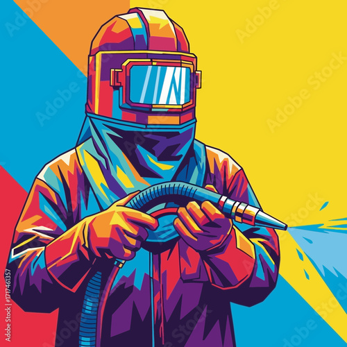 Person in protective suit holding a tool with colorful background.
