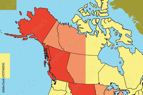 North America Map Showing Time Zones In Western Canada vector illustration map of