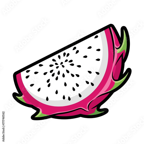 A slice of dragon fruit with pink skin and white flesh on white.