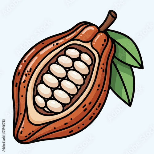 Cut cocoa pod with white beans and green leaves on a light background.