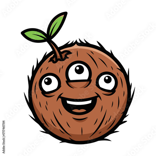 Cartoon coconut character with three eyes and sprout isolated on white.