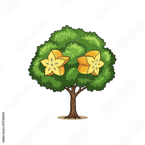 Cartoon tree with green leaves and yellow star fruit on a white background.