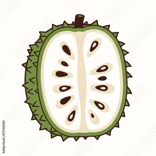 Half soursop fruit illustration showing white flesh and black seeds on white.