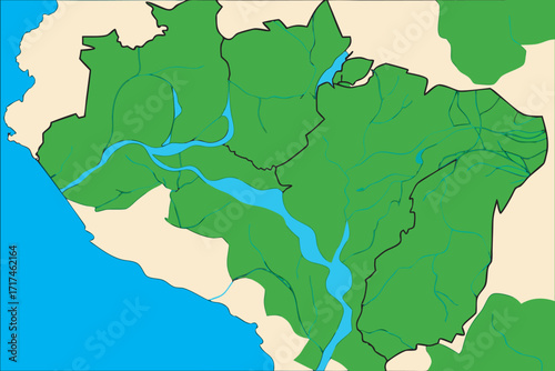 Abstract Map of Green Landmass with Blue Rivers and Ocean illustration