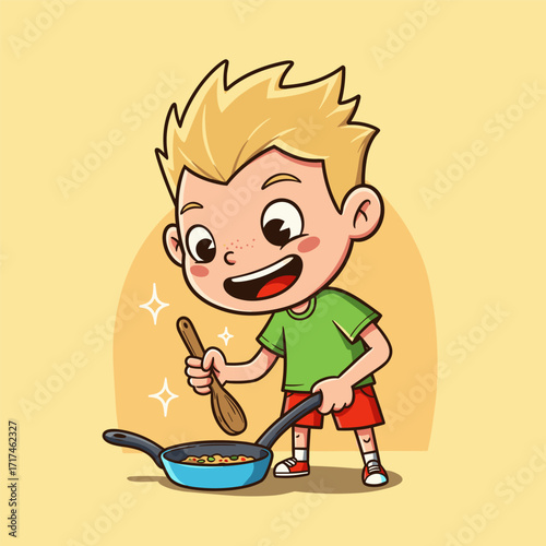 A smiling blond child happily cooks with a blue frying pan, stirring with a wooden spoon as sparkles fly, set against a warm yellow background.