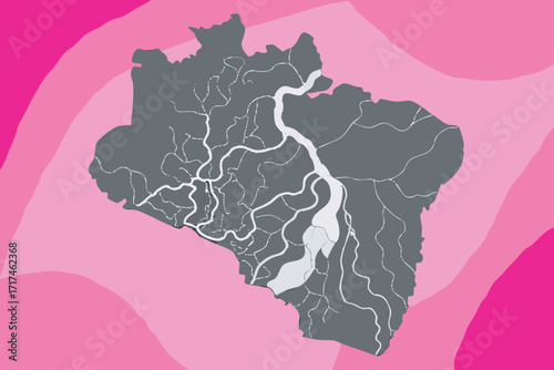 Monochrome Illustration of River Delta on Pink map of Background gray white
