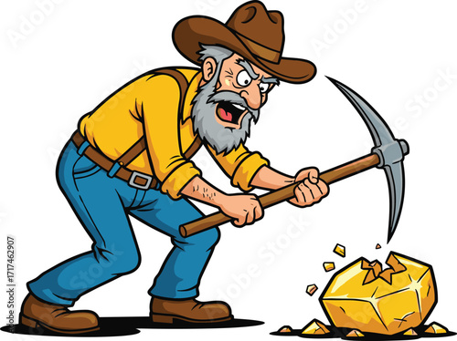 Gold miner cartoon illustration, old prospector character digging, vintage man with pickaxe, mining worker breaking rock, treasure hunter searching gold nugget