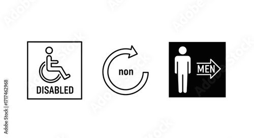 Set of three signs accessible parking, recycling symbol, and men's restroom