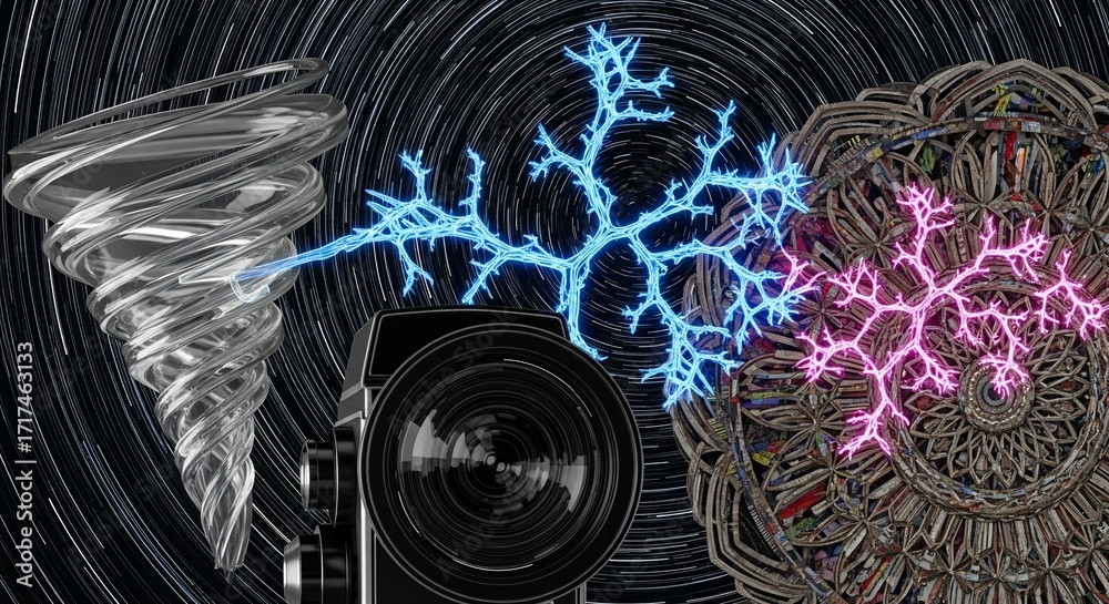 Obraz premium Dynamic vortex of energy meets intricate fractal patterns and a professional camera lens against a mesmerizing star trail background capturing abstract concepts of creation and power