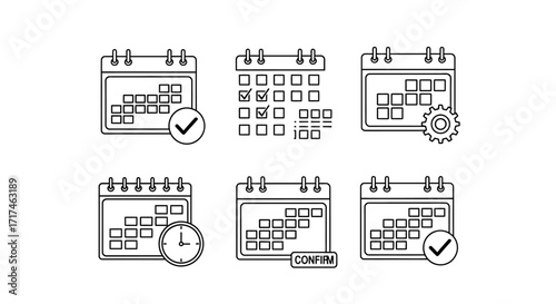 Set of thin line calendar icons for event planning and schedule management. Vector symbols for appointment booking, date confirmation, and deadline reminders