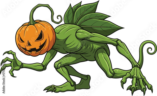 Halloween pumpkin monster creature illustration, scary jack o lantern head, creepy green body, horror fantasy beast design, spooky cartoon artwork