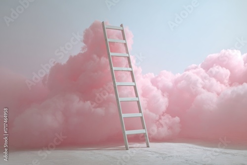 ladder leaning into fluffy pastel cloud inside clean white room, surreal minimal stock photo
