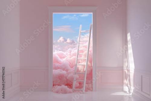 ladder leaning into fluffy pastel cloud inside clean white room, surreal minimal stock photo