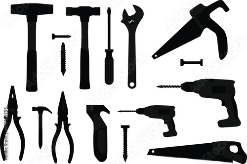Hand tools, power tools, silhouette icons, construction equipment, DIY gear, repair toolkit, black vector, workshop tools, hardware set, industrial illustration