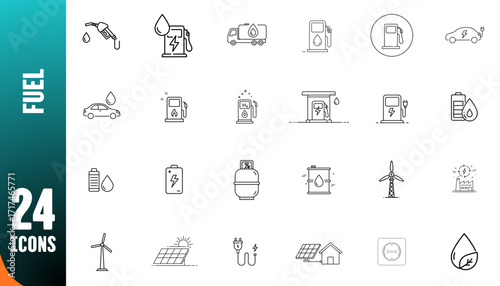 Fuel icon set with vehicles, stations, and renewable energy symbols  
