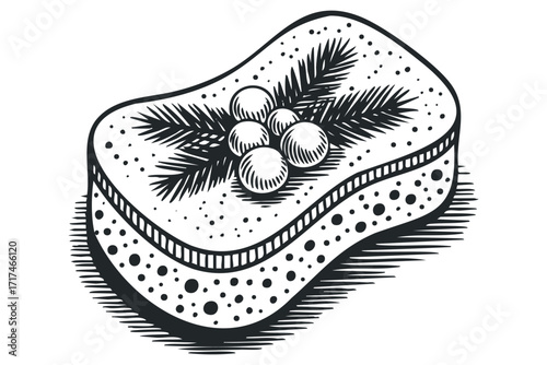 Black and white drawing of a Christmas sponge cake. Vector hand drawn illustration