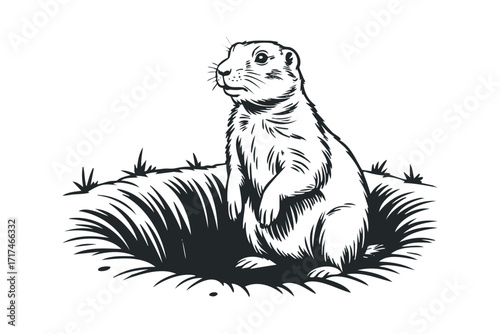 Gopher peeking from burrow entrance with grass. Vector hand drawn illustration