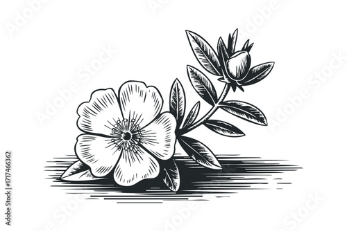 Botanical Sketch of a Flowering Plant Branch. Vector hand drawn illustration