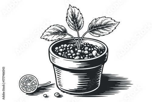 Young plant growing in terracotta pot with sliced citrus fruit. Vector hand drawn illustration