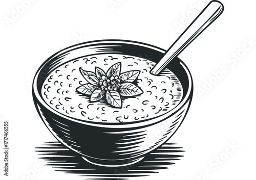 Bowl of Porridge with Basil Sprig and Spoon. Vector hand drawn illustration
