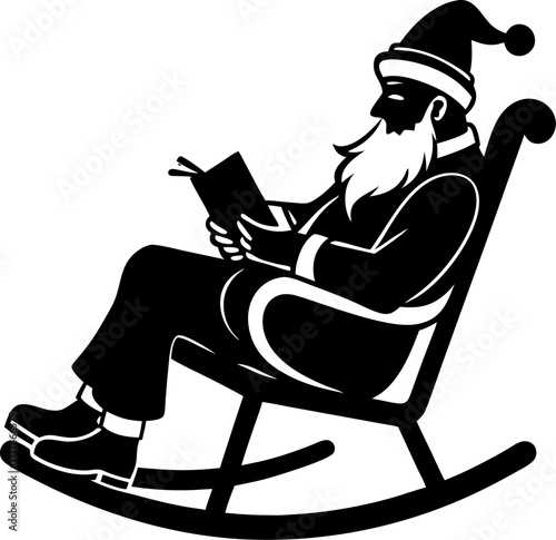 Santa resting in a rocking chair after delivering gifts silhouette  vector black , white background 