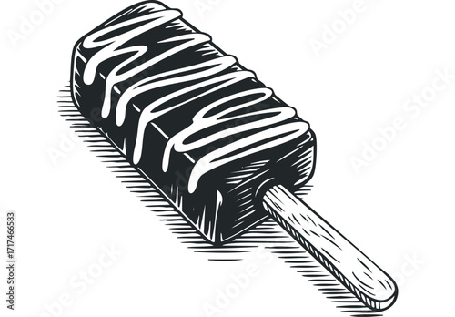 Chocolate Covered Ice Cream Bar with White Drizzle. Vector hand drawn illustration