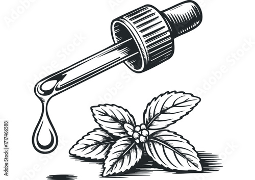Dropper with Liquid Falling on Plant Leaves. Vector hand drawn illustration