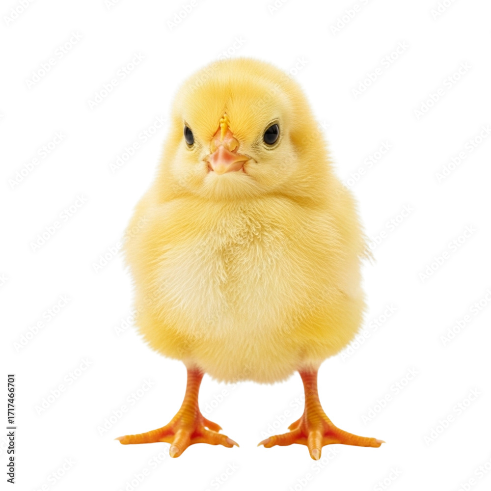 Fototapeta premium Adorable fluffy yellow baby chick standing on white background