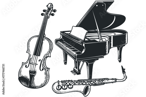 Violin, Grand Piano, and Saxophone Ensemble. Vector hand drawn illustration