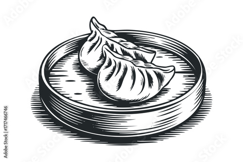 Steamed Dumplings in Bamboo Steamer Basket. Vector hand drawn illustration