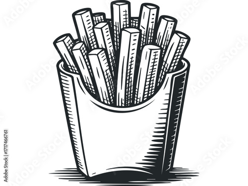 Pulp Paper Container Filled With French Fries. Vector hand drawn illustration