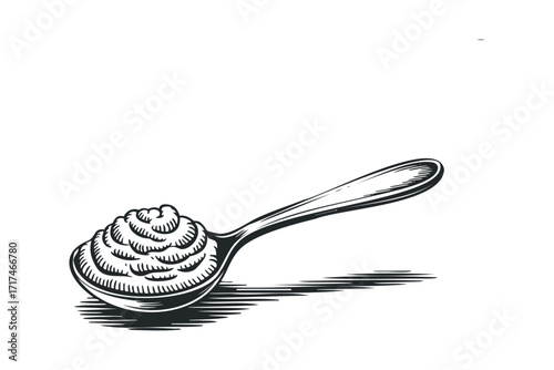 Spoon filled with textured creamy substance. Vector hand drawn illustration