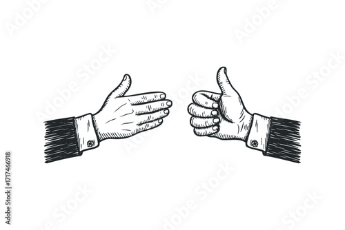Two hands, one giving thumbs up and the other with palm extended. Vector hand drawn illustration
